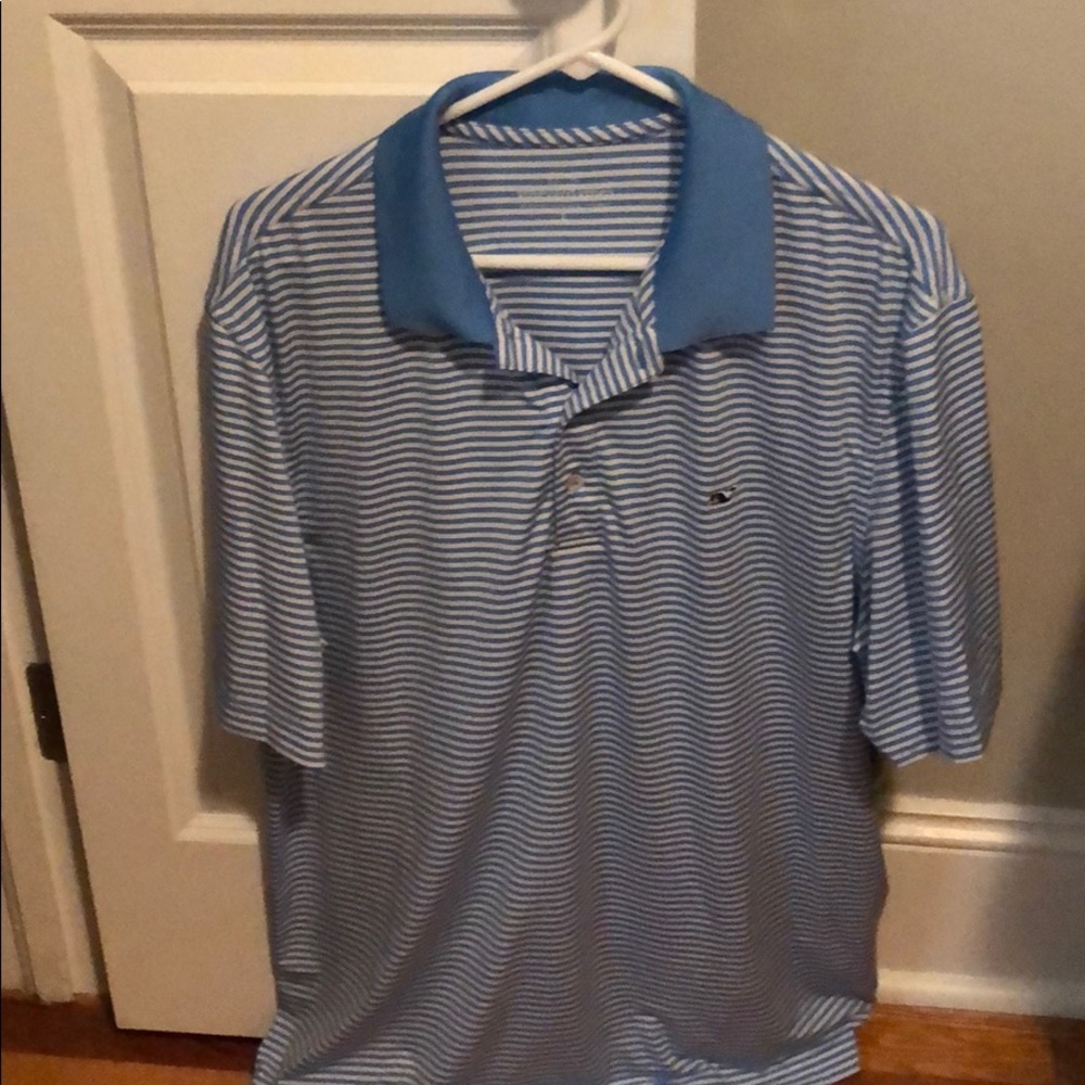 Blue and white striped polo